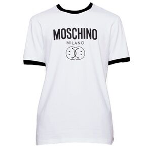 New Moschino Logo-Print Short Sleeve T-shirt in White with Double Smiley